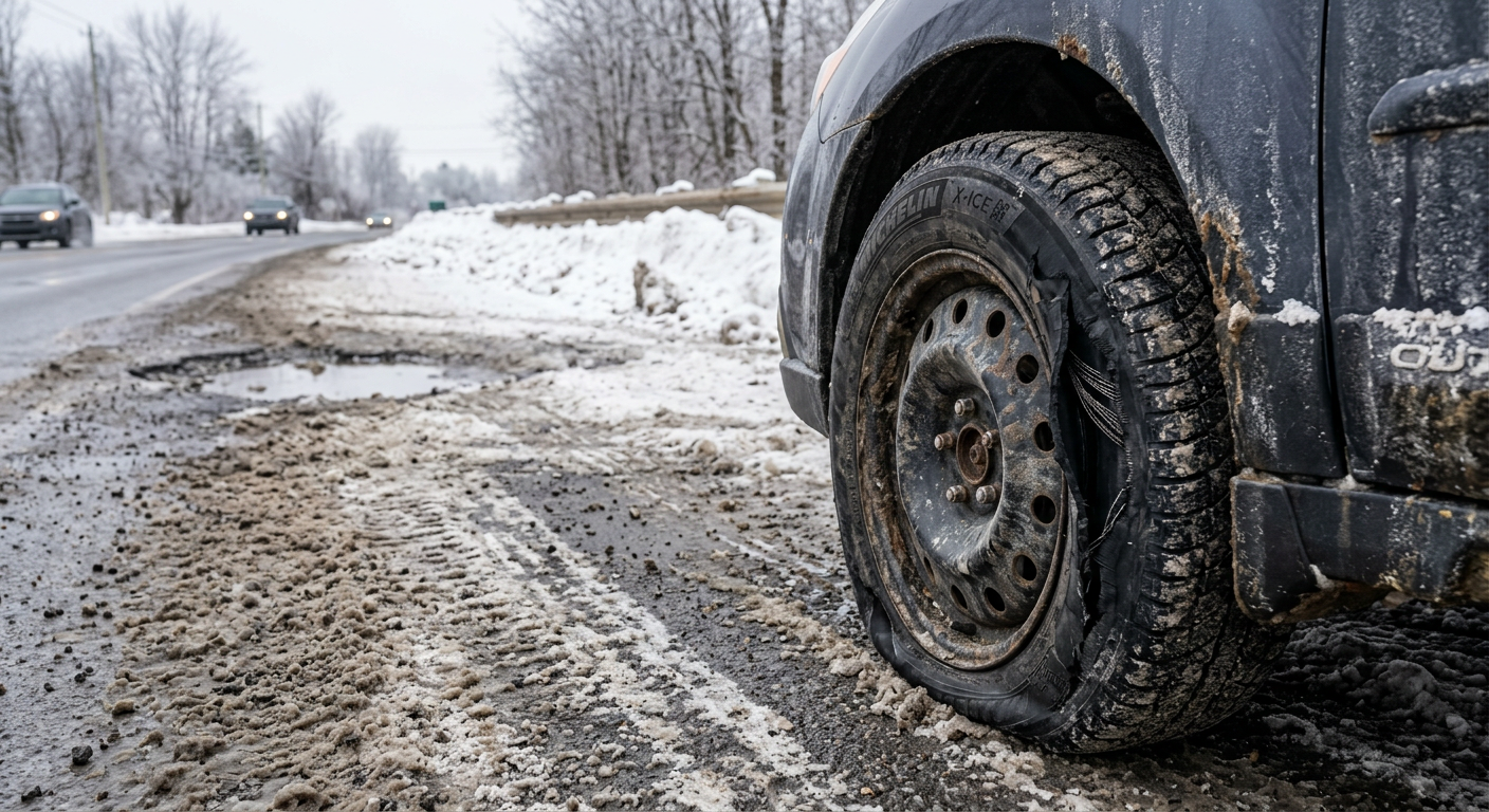Pneu d'auto crevé suite à un nid-de-poule