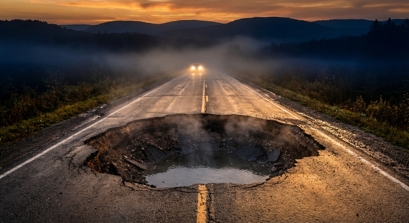Cratère de nid-de-poule sur autoroute québécoise au coucher du soleil