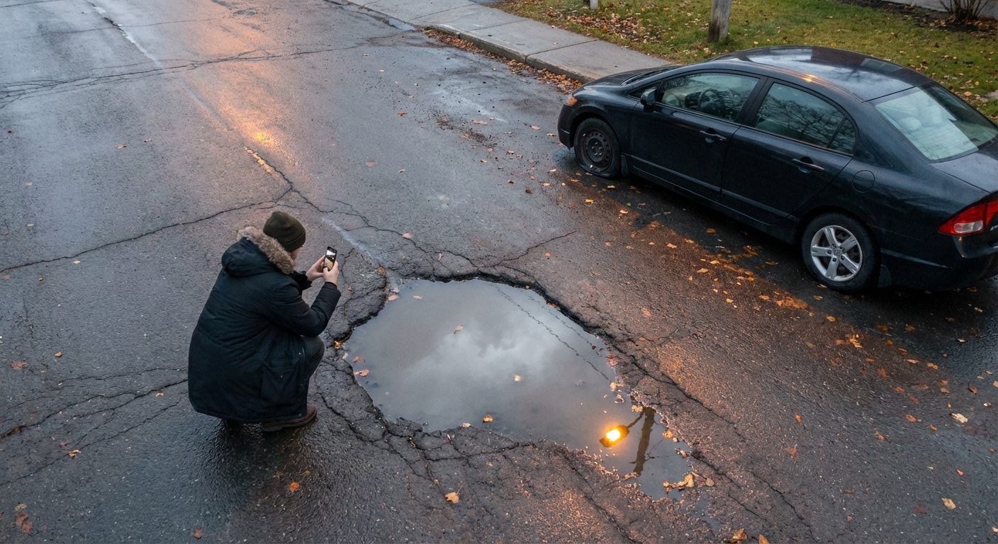 Citoyen documentant un nid-de-poule avec son téléphone