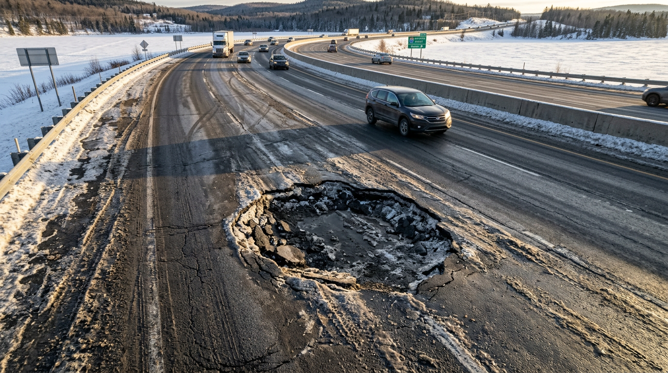 Vue aérienne d'un nid-de-poule dangereux sur une autoroute québécoise